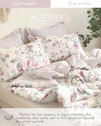 ALEISSEL Vintage Cotton 3pcs Floral Comforter Sets Queen Size - Dusty Rose & Soft Gray Foliage on White, Blush French Striped Patchwork Reverse, Neutural Lightweight Bedding Sets(Queen 90"×90")