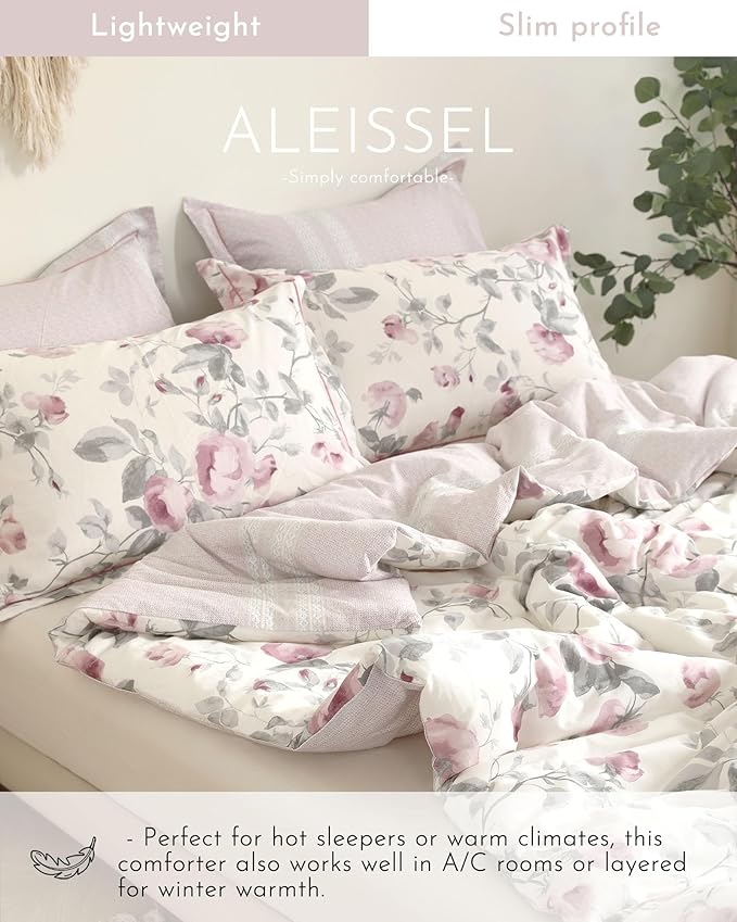 ALEISSEL Vintage Cotton 3pcs Floral Comforter Sets King Size - Dusty Rose & Soft Gray Foliage on White, Blush French Striped Patchwork Reverse, Neutural Lightweight Bedding Sets(King 104"×90")