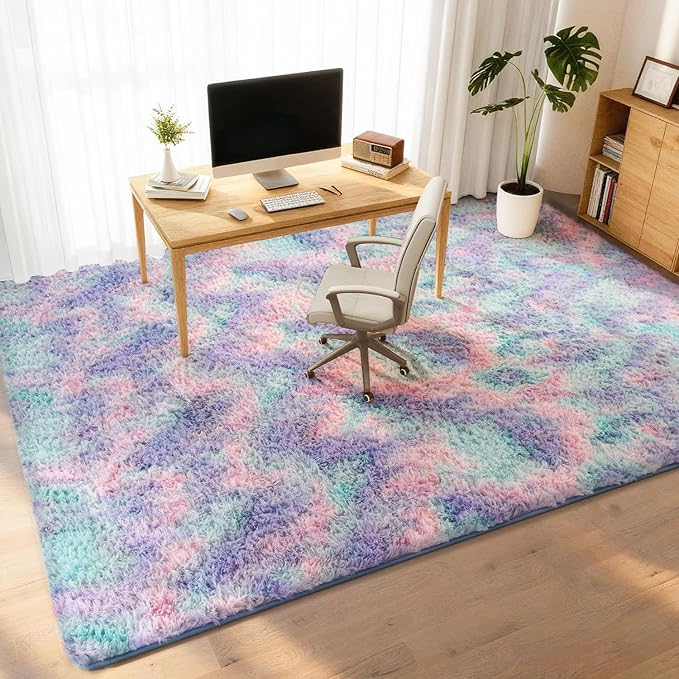 Litanika 9x12 Fluffy Shag Faux Fur Area Rug for Living Room Bedroom, Tie-Dyed Blue Rainbow High Pile Soft Plush Furry Bedside Playroom Dorm Carpet, Non-Slip, Non-Shedding Modern Indoor Floor Rug