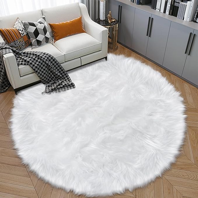 6ft Sheepskin Faux Fur White Round Rugs for Bedroom Living Room, Fluffy White Circle Rug for Kids Room Furry Shaggy Circular Carpet for Teen Girls Room Non-Slip