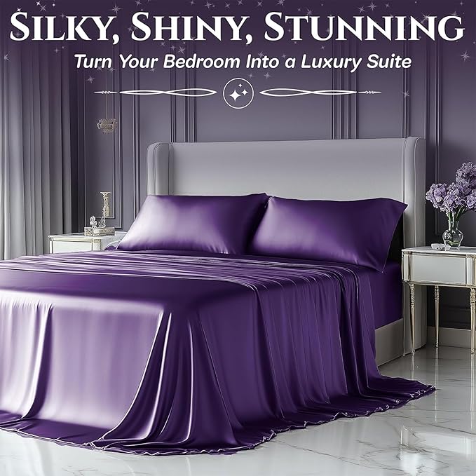 SLEEP SANCTUARY Satin Sheets Full Size – 4 Piece Luxury Silky Bed Set, Softer Than Silk, 15" Deep Pocket, Cooling & Wrinkle-Free, Moisture-Wicking & Breathable for Hair & Skin (Purple)