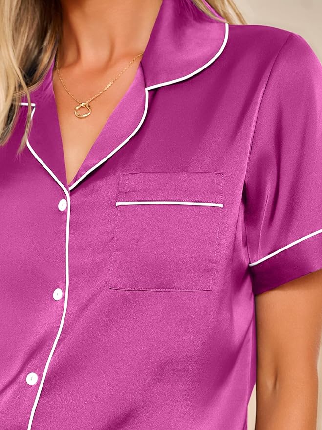 LILLUSORY Silk Satin Pajama Set for Women 2 Piece Lounge Pjs Winter Matching Summer Sleepwear Button Down Shirt Shorts