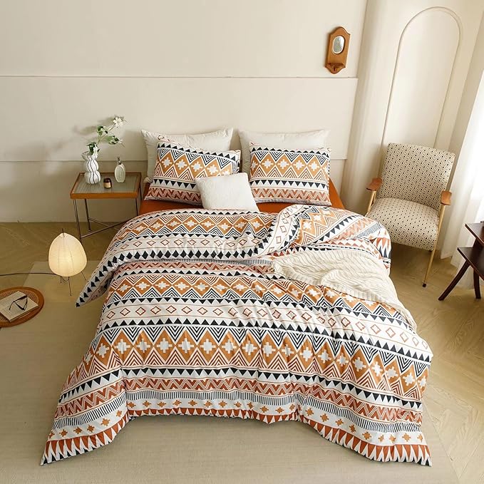 Luxlovery Aztec Comforter Set Full Boho Geometric Bedding Set Beige Orange Black Colorful Farmhouse Blanket Quilts Soft Rustic 3PCS Comforter Set Full Size