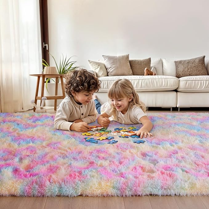 Blivonta Rainbow Rug for Girls Bedroom, 2x3 Fluffy Area for Kids Playroom, Furry Carpet for Nursery, Shaggy for Teen Living Room, Thick Fuzzy Plush for Dorm, Cute Room Decor for Baby