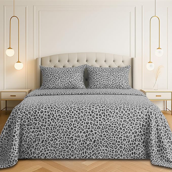 Satin Sheets King [4-Piece, Silver Leopard] Hotel Luxury Silky Bed Sheets - Extra Soft 1800 Microfiber Sheet Set, Wrinkle, Fade, Stain Resistant - Deep Pocket Fitted Sheet, Flat Sheet, Pillow Cases