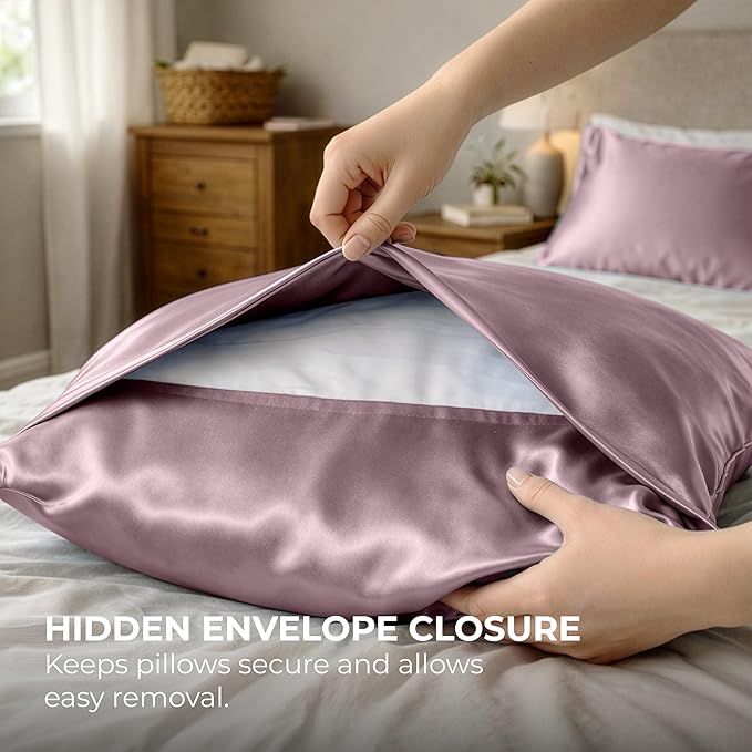 Pure Bedding Satin Pillowcase 2 Pack - Queen Size (20"x30", Champagne Pink) - Silky Pillow Cases for Hair and Skin - Satin Pillow Covers with Envelope Closure - Extra Soft Premium Microfiber