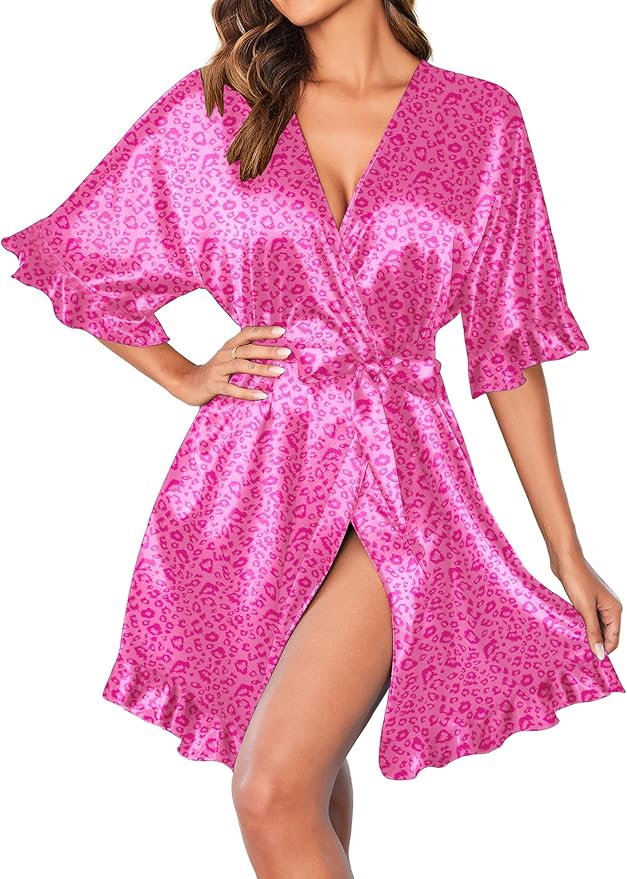 Ekouaer Womens Silk Ruffle Robe Short Satin Kimono Robe Half Sleeve Bathrobe Bridesmaid Wedding Party Dressing Gown