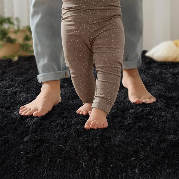 YJ.GWL Area Rugs for Living Room Bedroom, 8x10 Machine Washable Large Black Carpet, Soft Fluffy Shaggy Thick Big Shag Indoor Floor Rug for Kids Boy and Girls Room Dorm Home Decor Aesthetic