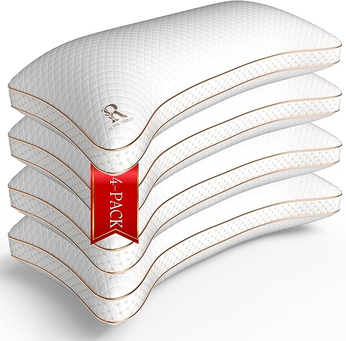 Royal Therapy King 4 Pack Memory Foam Pillow, Adjustable Shredded Odor-Free Cut-Out Bed Pillow for Neck & Shoulder Pain Relief, Breathable Support for Back, Stomach, Side Sleepers, BioForm
