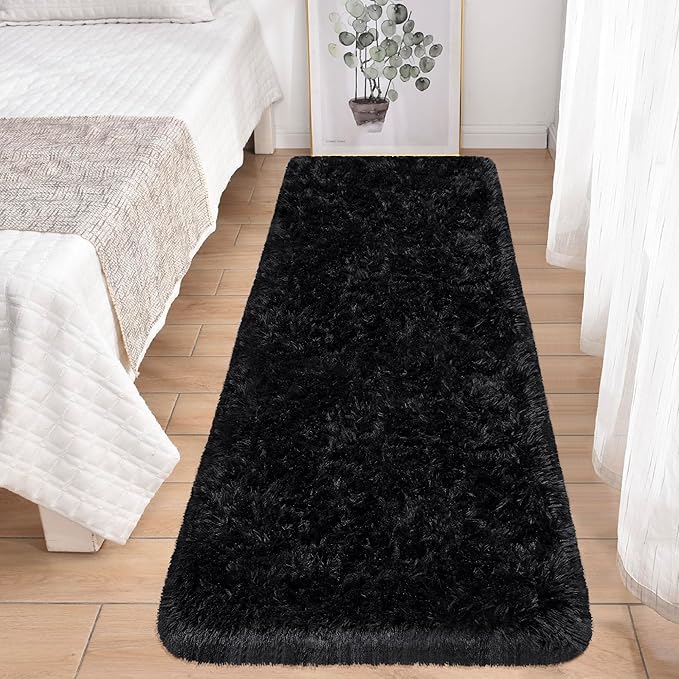 Black Runner Rug for Bedroom 2x6 Fluffy Shaggy Rug Soft Plush Fuzzy Area Rug Bedside Runners for Hallway Kids Nursery Living Room with Non Slip Modern Indoor Decor Carpet