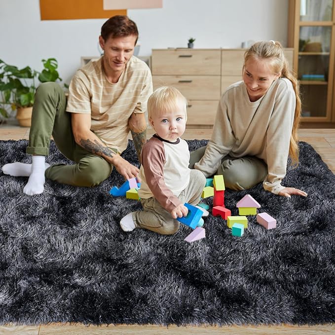 KING DARE 6x9 Area Rugs for Living Room Tie-Dyed Black Gray Rug, Fluffy Shaggy Fuzzy Plush Furry Large Floor Carpet, Anti-Slip Washable Modern Soft Rug for Bedroom Girls Boys Room Indoor