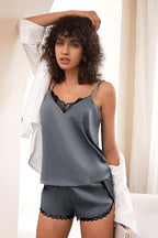 Ekouaer Satin Pajama Set for Women 2 Piece Silky Lingerie Sleepwear Lace Camisole Pj Shorts Set Soft Nightwear S-XXL