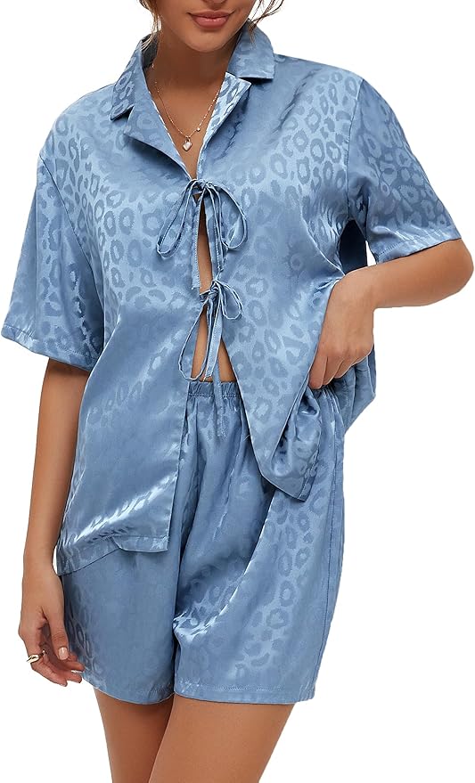 CHYRII Women's Silk Satin Pajamas Sets Tie Front Short Sleeve Tops and Shorts Two Piece Pj Sets Sleepwear