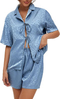 CHYRII Women's Silk Satin Pajamas Sets Tie Front Short Sleeve Tops and Shorts Two Piece Pj Sets Sleepwear
