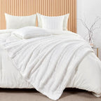 Striped Throw Blanket and Pillow Covers Set (No Inserts) for Couch and Bed, Plush Warm Lightweight Fuzzy Faux Fur Blanket for All Seasons (60" x 80", Pure White)