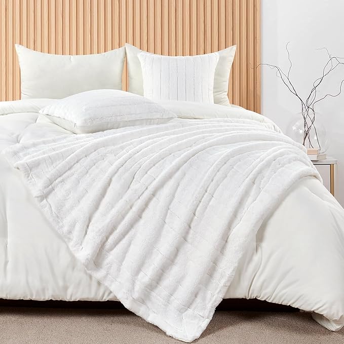 Striped Throw Blanket and Pillow Covers Set (No Inserts) for Couch and Bed, Plush Warm Lightweight Fuzzy Faux Fur Blanket for All Seasons (60" x 80", Pure White)