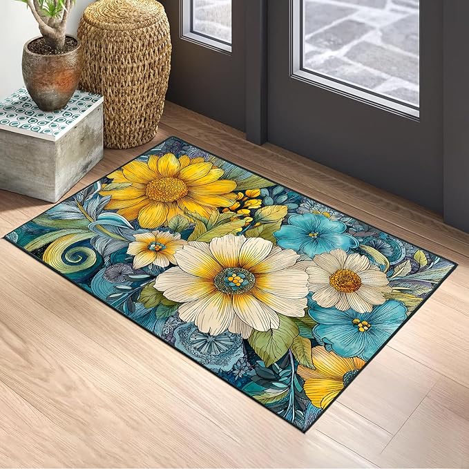Flower Area Rug 2x3 ft Entry Rug Washable Boho Rugs Non Slip Low Pile Floral Door Mat Small Carpet for Bedroom, Bedside, Kids Room, Office, Dining Room