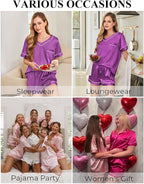Silk Pajamas for Women Short Sleeve Satin 2 Piece Pj Set Soft V Neck Sleepwear Loungewear, S-XXL