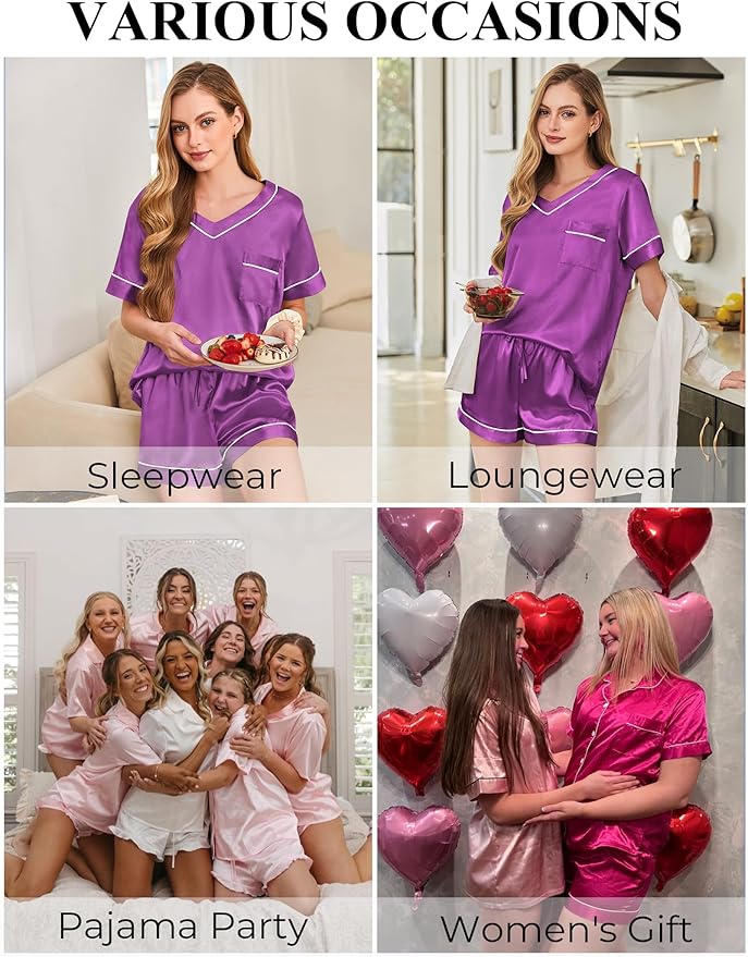 Silk Pajamas for Women Short Sleeve Satin 2 Piece Pj Set Soft V Neck Sleepwear Loungewear, S-XXL