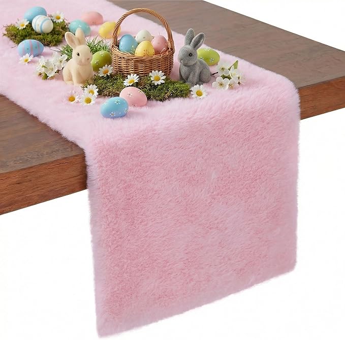 duduta Pink Faux Fur Spring Easter Dresser Runner, Soft Fluffy Coffee Table Runner Nightstand Cover Girls Room Decor 11.8 in x 31.5 in