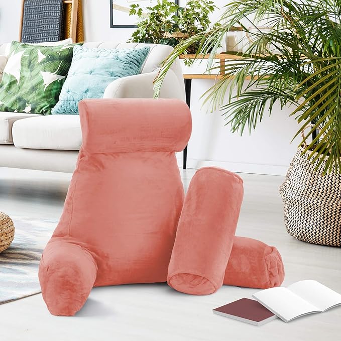 Clara Clark Reading Pillow with Shredded Memory Foam Includes 2 Neck and Lumber Support Pillows, Designed for Sitting Up in Bed and Couch Back and Arms Adjustable Support for Adults & Teens Misty Rose