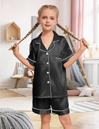 EPLAZA Kids Satin Pajamas Sets Girls Boys Button-Down Silky Pajamas Sleepwear with Hairband Eye Mask Hair Tie