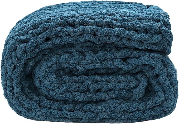 YAAPSU Chunky Knit Throw Blanket for Couch, 51“x63”, 100% Hand Knitted Thick Cable Knit with Cozy Jumbo Chenille Yarn, Soft Large Rope Knot Crochet Blankets for Sofa Bed Living Room Décor, Ocean Blue