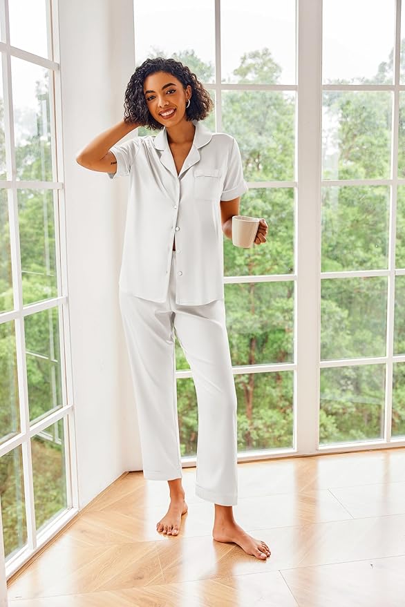 Ekouaer Silk Satin Pajamas Set Women Short Sleeve Sleepwear Soft Button Down Loungewear Pjs Set