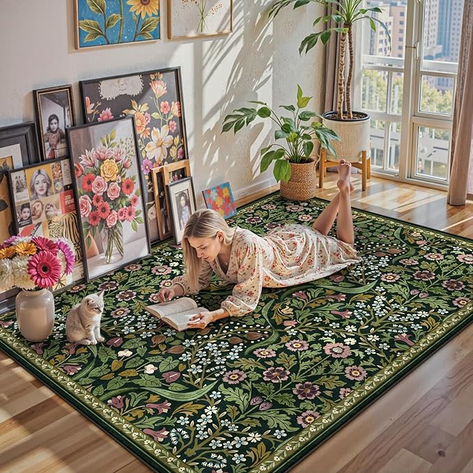 Lahome Claude Floral 5x7 Washable Living Room Rugs, Green Area Rugs for Bedroom Rubber Backed, Botanical Thin Stain-Resistant Carpet for Dining Room, Guestroom, Kids Room, Living Room Decor
