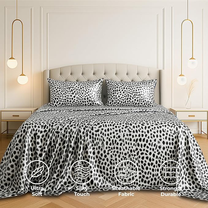 Satin Sheets Queen [4-Piece, Silver Leopard] Hotel Luxury Silky Bed Sheets - Extra Soft 1800 Microfiber Sheet Set, Wrinkle, Fade, Stain Resistant - Deep Pocket Fitted Sheet, Flat Sheet, Pillow Cases