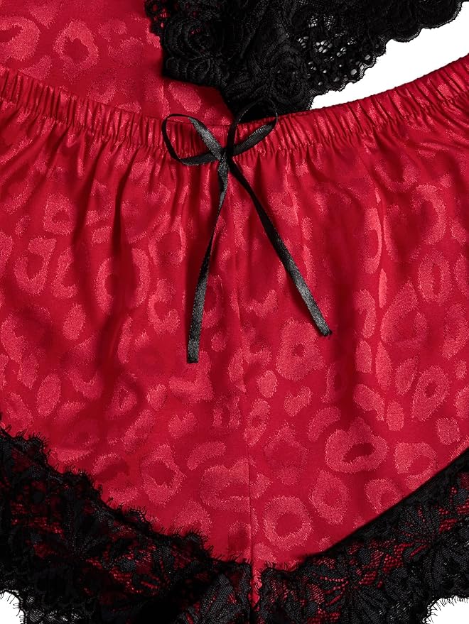 WDIRARA Women' Silk Satin Pajamas Set 4pcs Lingerie Floral Lace Cami Sleepwear with Robe