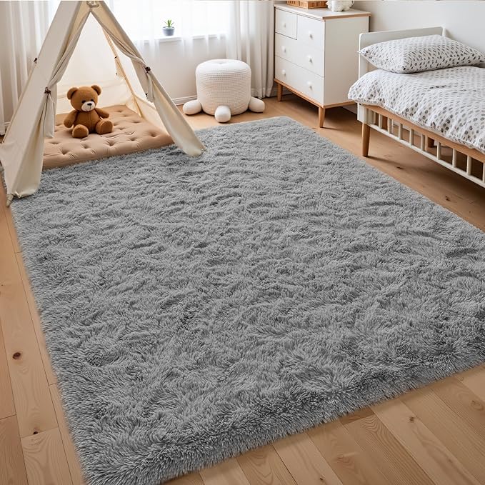 Macgace 4x6 Grey Area Rugs for Living Room, Super Soft Fluffy Rug with Non-Slip Backing for Girls Boys Bedroom Baby Nursery, Solid Shag Carpet Modern Home Interior Decor