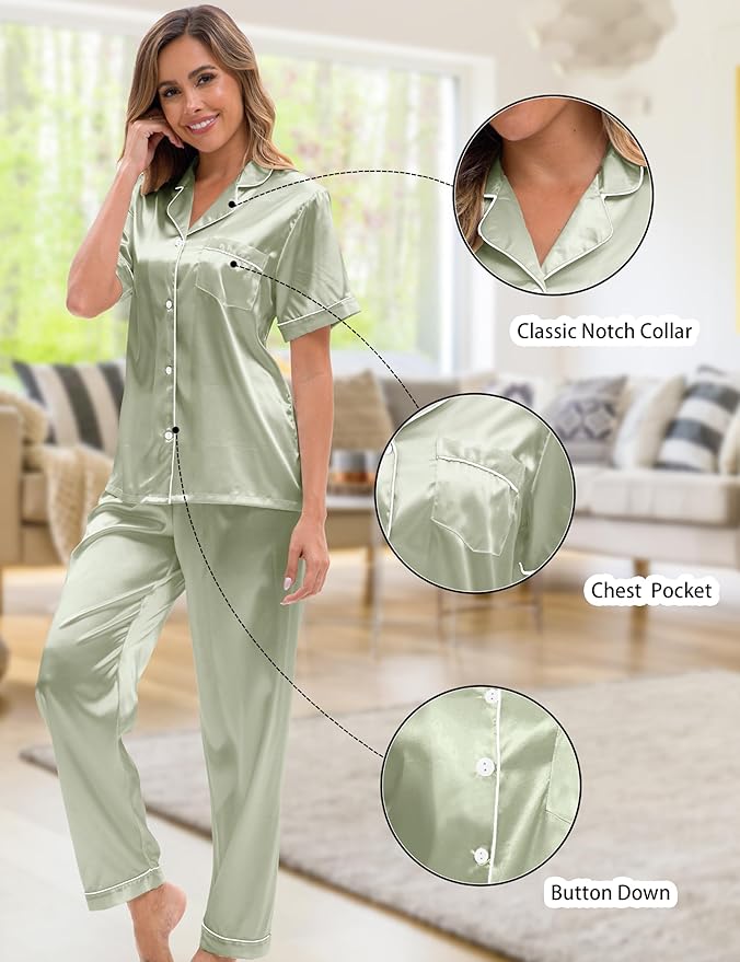 Silk Satin Pajama Set for Women 3-piece Short Sleeve Pajama with Pants Ruffle Shorts Cute Pj Set Button Down Sleepwear