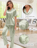 Silk Satin Pajama Set for Women 3-piece Short Sleeve Pajama with Pants Ruffle Shorts Cute Pj Set Button Down Sleepwear