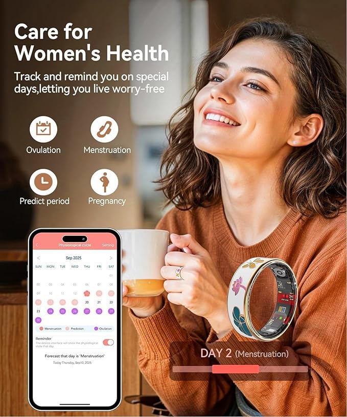 Smart Ring for Women,Fitness Tracker with Heart Rate,Blood Oxygen,Menstrual Cycle,Sleep Monitoring,Step Counting,IP68 Waterproof for iOS and Android,No Subscription Fee (12#)