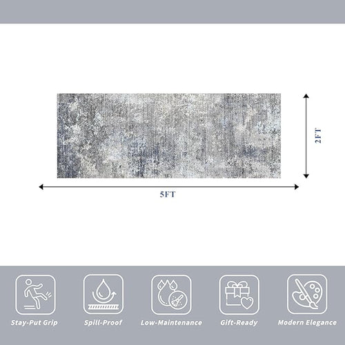 2x5 Rug Runner Non-Slip Washable– Modern Neutral Abstract Kitchen Bathroom Hallway Bedroom Area Rug – Soft Thin Low-Pile Small Short Floor Mat (Blue Grey,2x5)