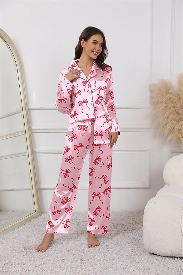 Ekouaer Pajamas For Women Set Silk Pjs 2 Piece Satin Sleepwear Long Sleeve Button Down Lounge Sets With Pant