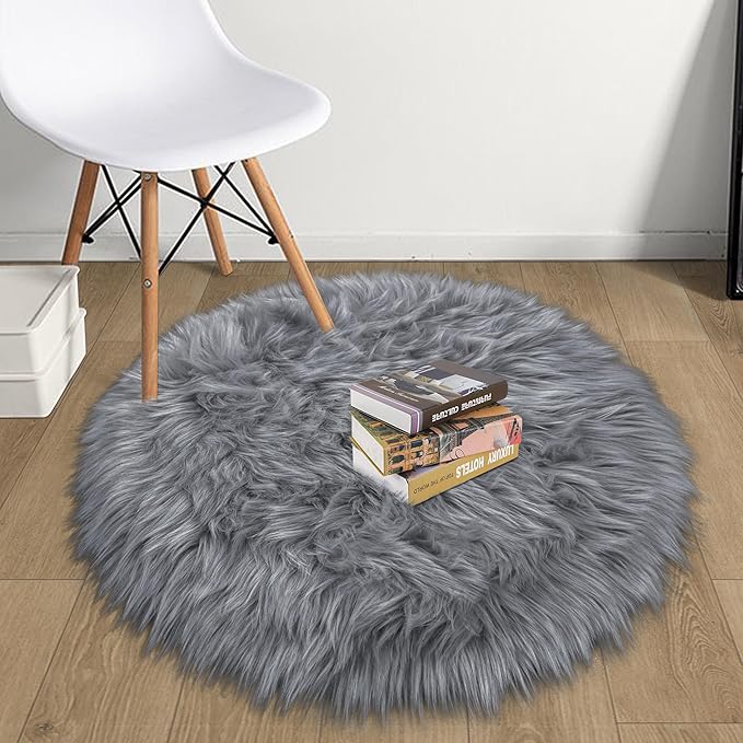 Grey Round Rugs for Bedroom, Fluffy Circle Rug 2 2 Feet for Kids Room, Furry Carpet for Teen Girls Room, Non-Slip Shaggy Circular Rug Plush Rug