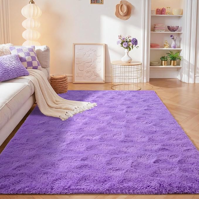 junovo Purple Washable Area Rug for Boys Bedroom Living Room, 4x5.3 Soft Non-Slip Fluffy Rugs, Shag Plush Memory Foam Carpet for Kids Room Baby Nursery Home Decor