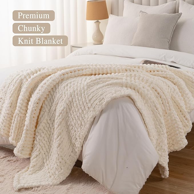 Bunnikins & Clover Cream White Hand Knitted Blanket with Chenille Yarn, Chunky Knit Ivory Throw Blanket for Bed Living Room Home Decor, 50"x60"