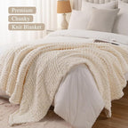 Bunnikins & Clover Cream White Hand Knitted Blanket with Chenille Yarn, Chunky Knit Ivory Throw Blanket for Bed Living Room Home Decor, 50"x60"