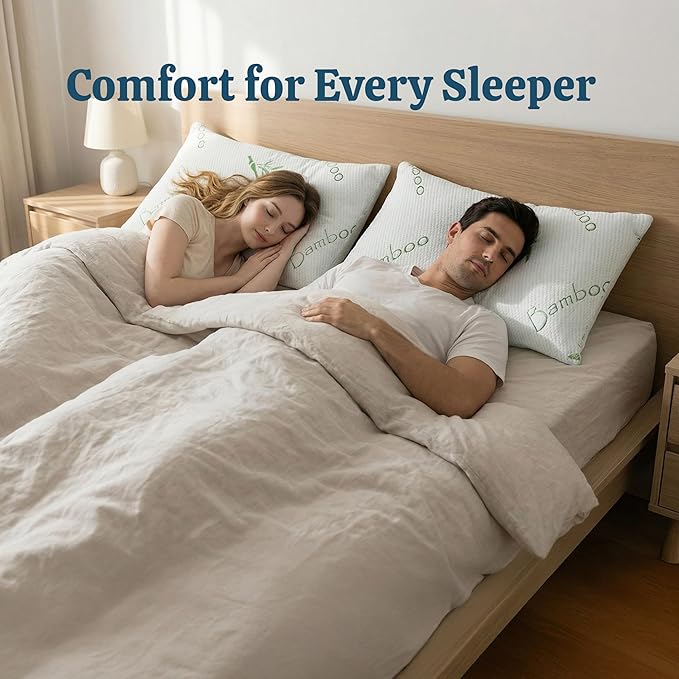 OMEO 2 Pack King Size Rayon Derived from Bamboo Pillow for Sleeping Shredded Memory Foam Bed Pillows for Side, Back and Stomach Sleepers, Soft, Cooling, Adjustable and Washable Cover 20" x 36"