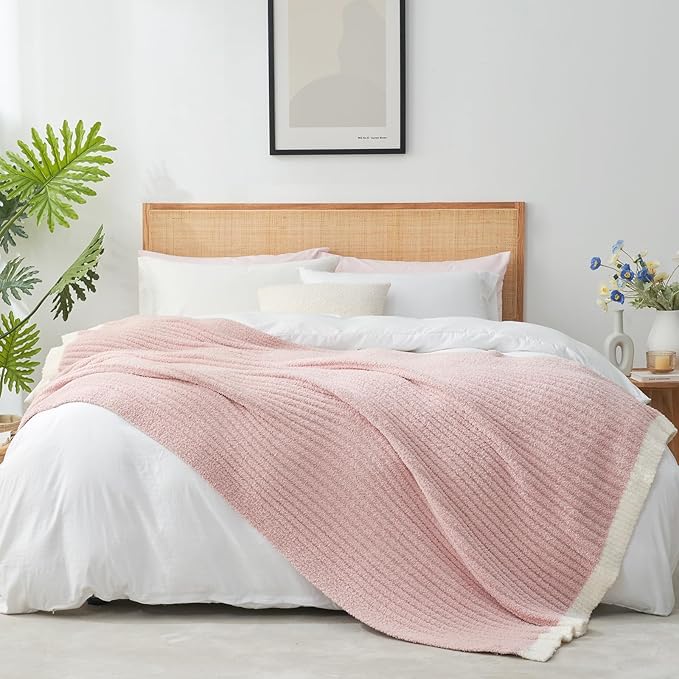 Snuggle Sac Fluffy Ribbed Blanket Pink Twin Size, Soft Luxurious Knit Throw, Fuzzy Plush Microfiber Blankets for Couch, Sofa, Bed, Pink, 60x80 inches