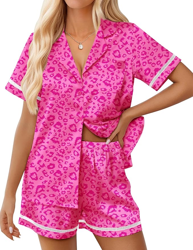 Ekouaer Womens Silk Pajama Sets Button Up Satin Pjs Short Sleeve 2 Piece Pj Sets Cute Lounge Sets with Chest Pocket