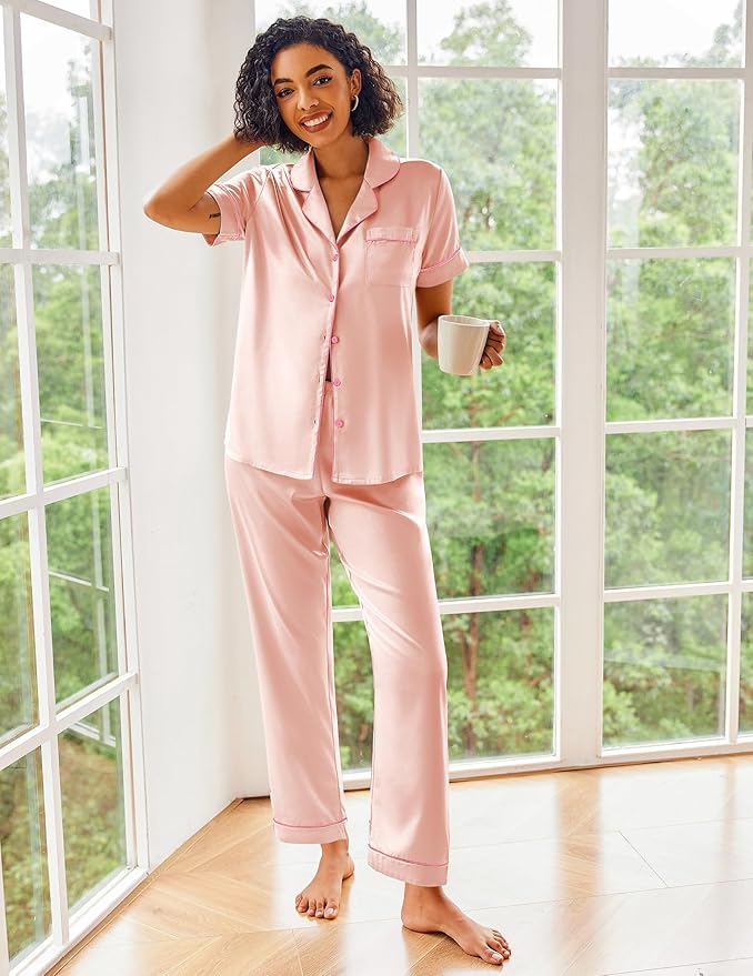 Ekouaer Silk Satin Pajamas Set Women Short Sleeve Sleepwear Soft Button Down Loungewear Pjs Set