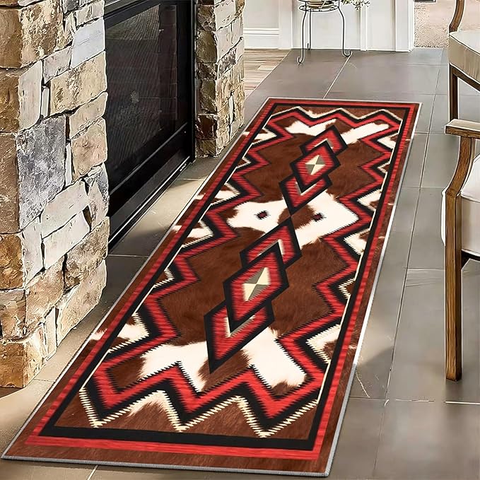 Western Runner Rug,4x10ft,Brown Cow Hide Print Runner Rug,Indoor Soft Non-Slip Washable Country Farmhouse Rugs,Southwestern Aztec Geometric Patt Rustic Runner Rugs,for Hallway Bedroom Floor Mat
