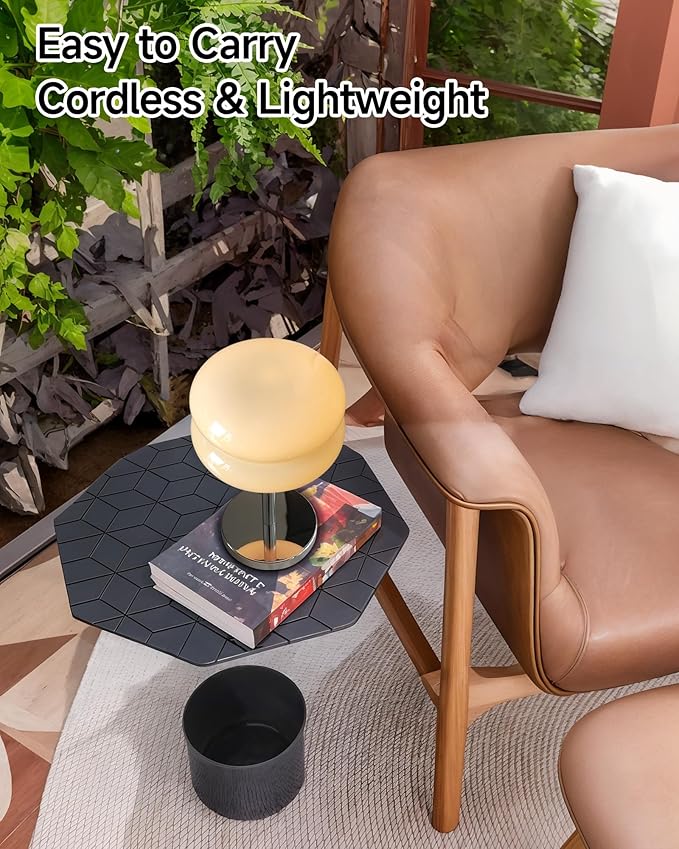Mushroom Table Lamp for Bedroom, Cordless Mid Century Modern Lamp, Cute Egg Tart Small Night Light, 5000mAh Rechargeable Table Light for Living Room Nightstand Home Mushroom Decor Aesthetic (Cream)