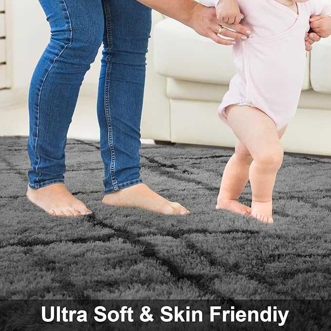 junovo 4x6 Fluffy Shaggy Area Rugs - Ultra Soft Washable High Pile Bedroom Rug for Kids, Living Room, Nursery & Dorm - Non-Slip Floor Carpet, Grey Aesthetic Home Decor