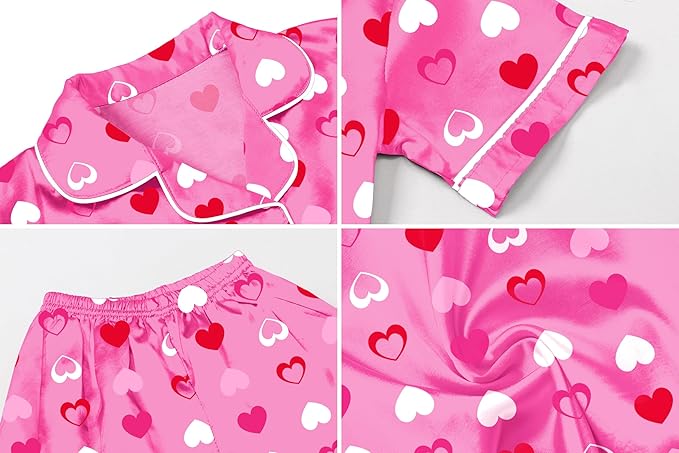 Umeyda Girls Womens Pajamas Set, Satin Silky Button Down Loungewear 2 Piece Short Sleeve Pants PJS Sets for Mommy Kids