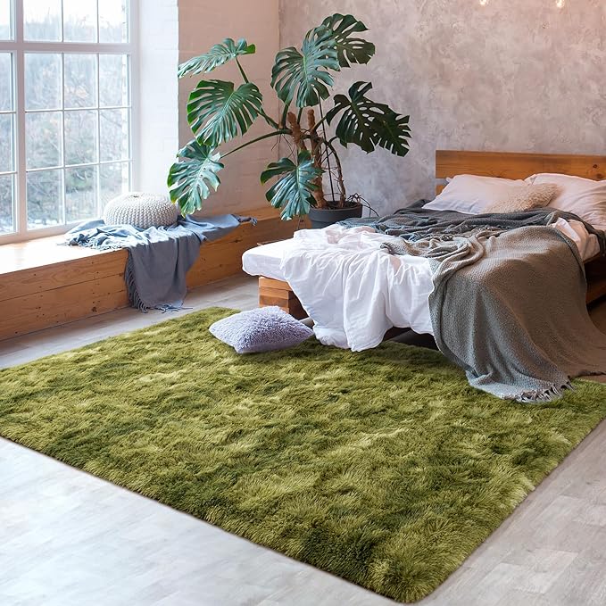 Softlife Area Rug for Living Room, Fluffy Shag Plush 5x8 Green Rugs for Bedroom Girls Kids, Shaggy Soft Fuzzy Tie Dyed Large Carpet for Dorm Bedside Ultra Cozy Non-Slip Indoor Decor